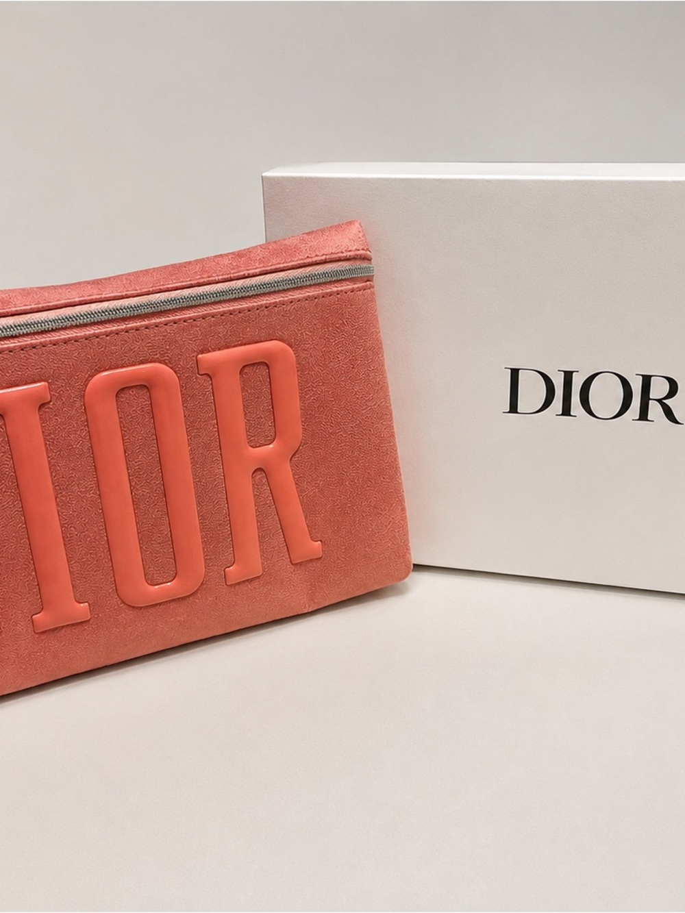 Dior Coral Suede Cosmetic Pouch with Raised Logo
